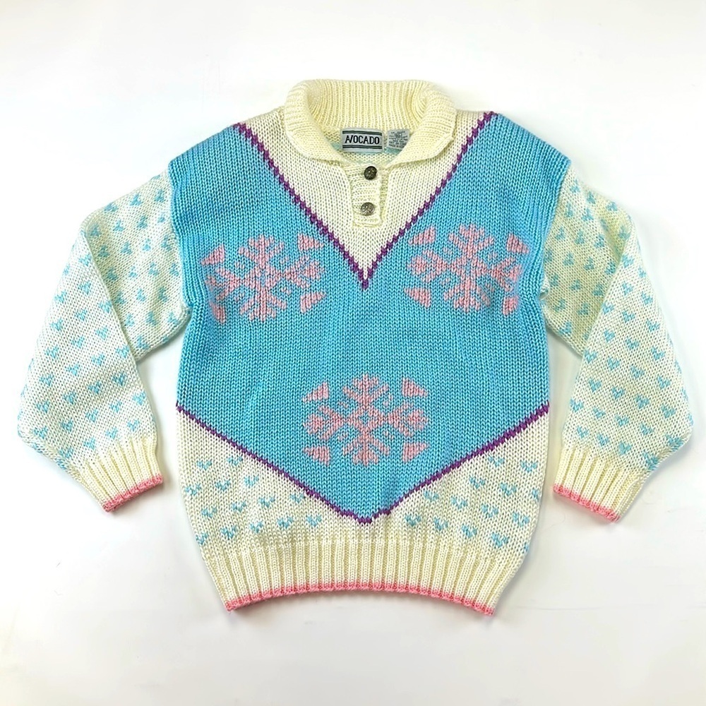 Vintage 80s cream blue pink pastel snowflake collared acrylic sweater Large